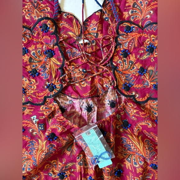 NWT Anthropologie Bare Deco Beaded & Embroidered Babydoll Tank Red Cropped - Picture 7 of 13